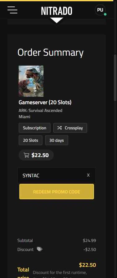 Nitrado checkout page showing Nitrado promo code box | Screenshot taken by SimplyCodes community member on Dec 9, 2025