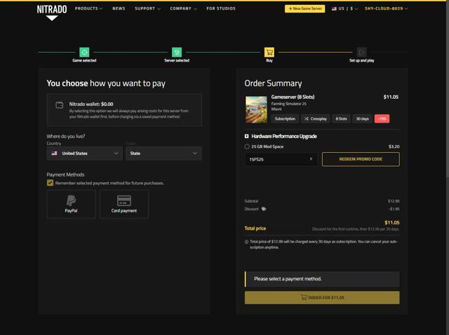 Nitrado checkout page showing Nitrado promo code box | Screenshot taken by SimplyCodes community member on Aug 30, 2025