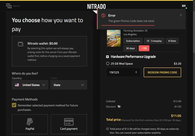 Nitrado checkout page showing Nitrado promo code box | Screenshot taken by SimplyCodes community member on Aug 27, 2025