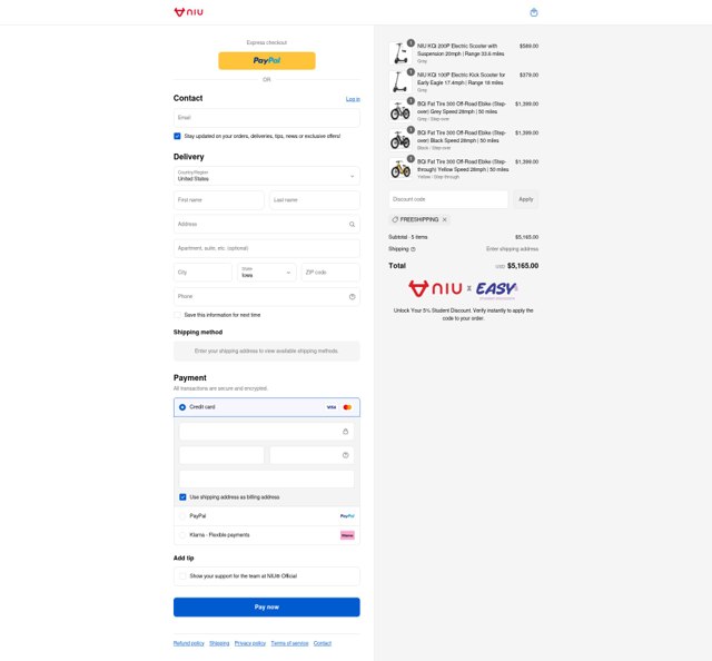 NIU checkout page showing NIU discount code box | Screenshot taken by SimplyCodes community member on Sep 3, 2025