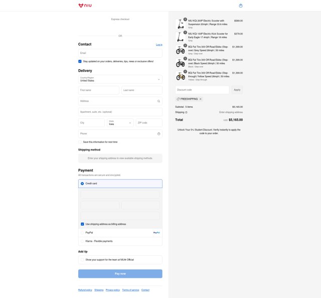 NIU checkout page showing NIU discount code box | Screenshot taken by SimplyCodes community member on Sep 7, 2025
