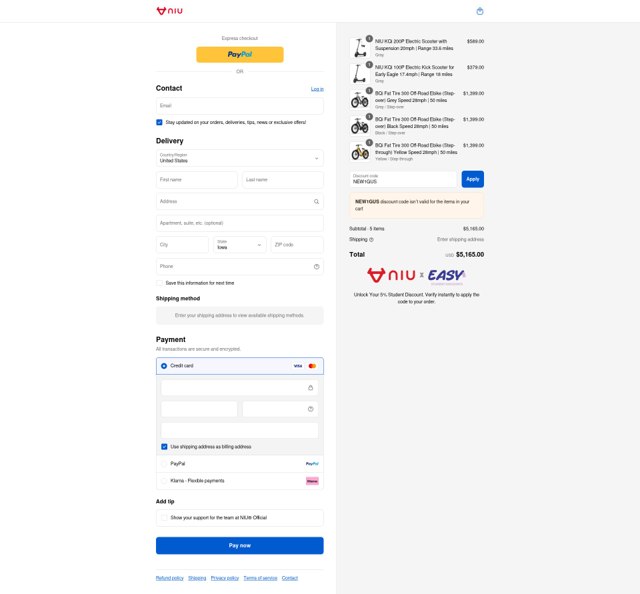 NIU checkout page showing NIU discount code box | Screenshot taken by SimplyCodes community member on Sep 3, 2025