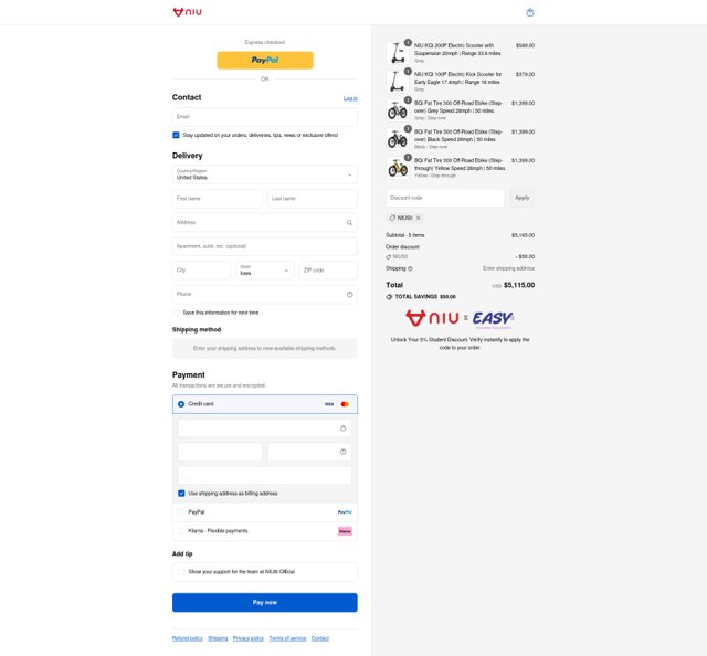 NIU checkout page showing NIU discount code box | Screenshot taken by SimplyCodes community member on Sep 7, 2025