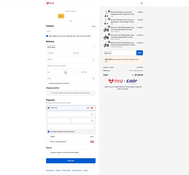 NIU checkout page showing NIU discount code box | Screenshot taken by SimplyCodes community member on Sep 7, 2025
