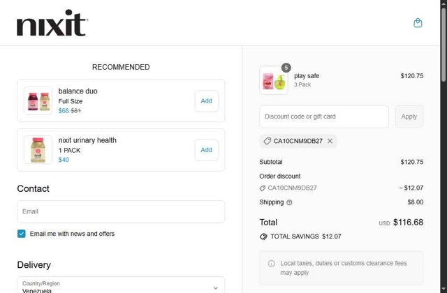 Nixit checkout page showing Nixit discount code box | Screenshot taken by SimplyCodes community member on Aug 7, 2025