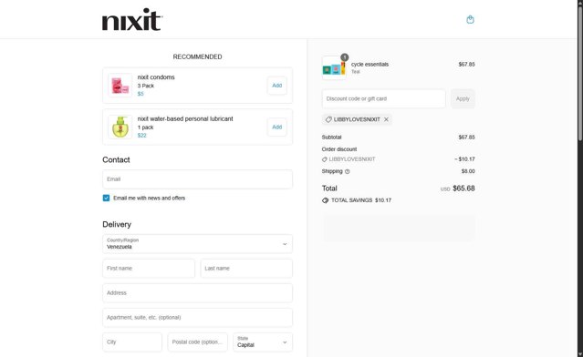 Nixit checkout page showing Nixit discount code box | Screenshot taken by SimplyCodes community member on Aug 11, 2025
