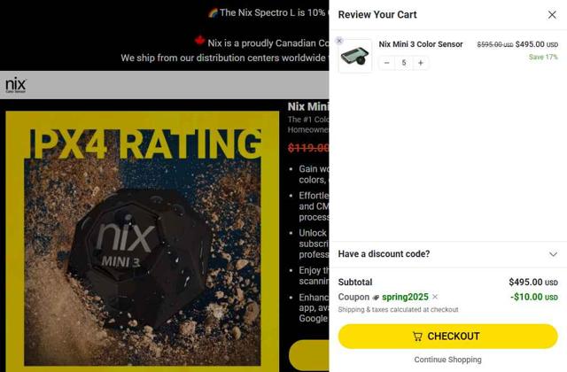Nix Sensor checkout page showing Nix Sensor discount code box | Screenshot taken by SimplyCodes community member on May 8, 2025