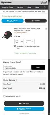 New Jersey Devils Shop coupon verification screenshot