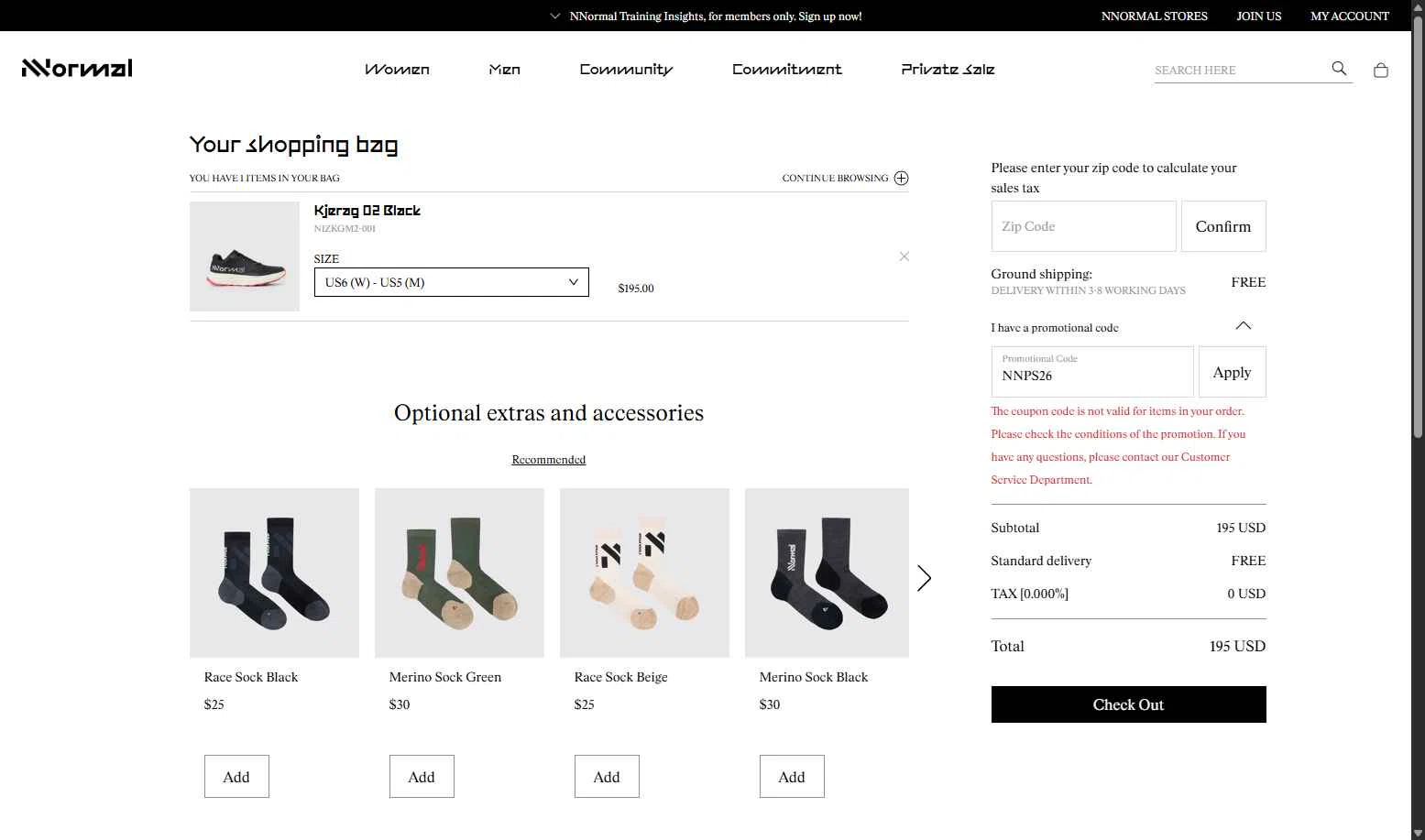NNORMAL checkout page showing NNORMAL promo code box | Screenshot taken by SimplyCodes community member on Jan 28, 2026