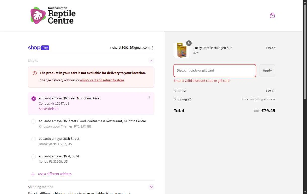 Northampton Reptile Centre checkout page showing Northampton Reptile Centre discount code box | Screenshot taken by SimplyCodes community member on Aug 12, 2025
