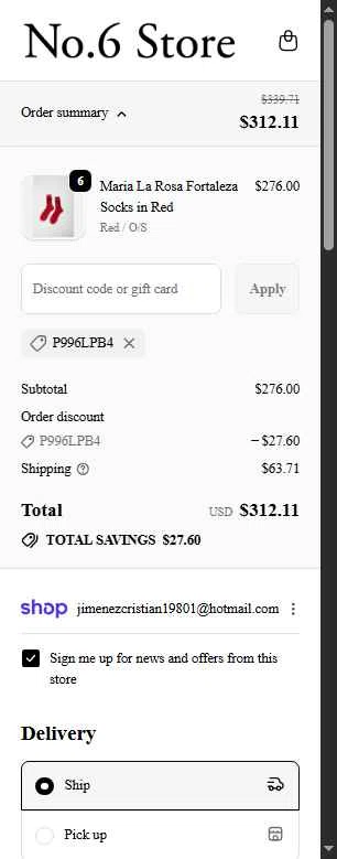 No.6 Store checkout page showing No.6 Store promo code box | Screenshot taken by SimplyCodes community member on Feb 20, 2026