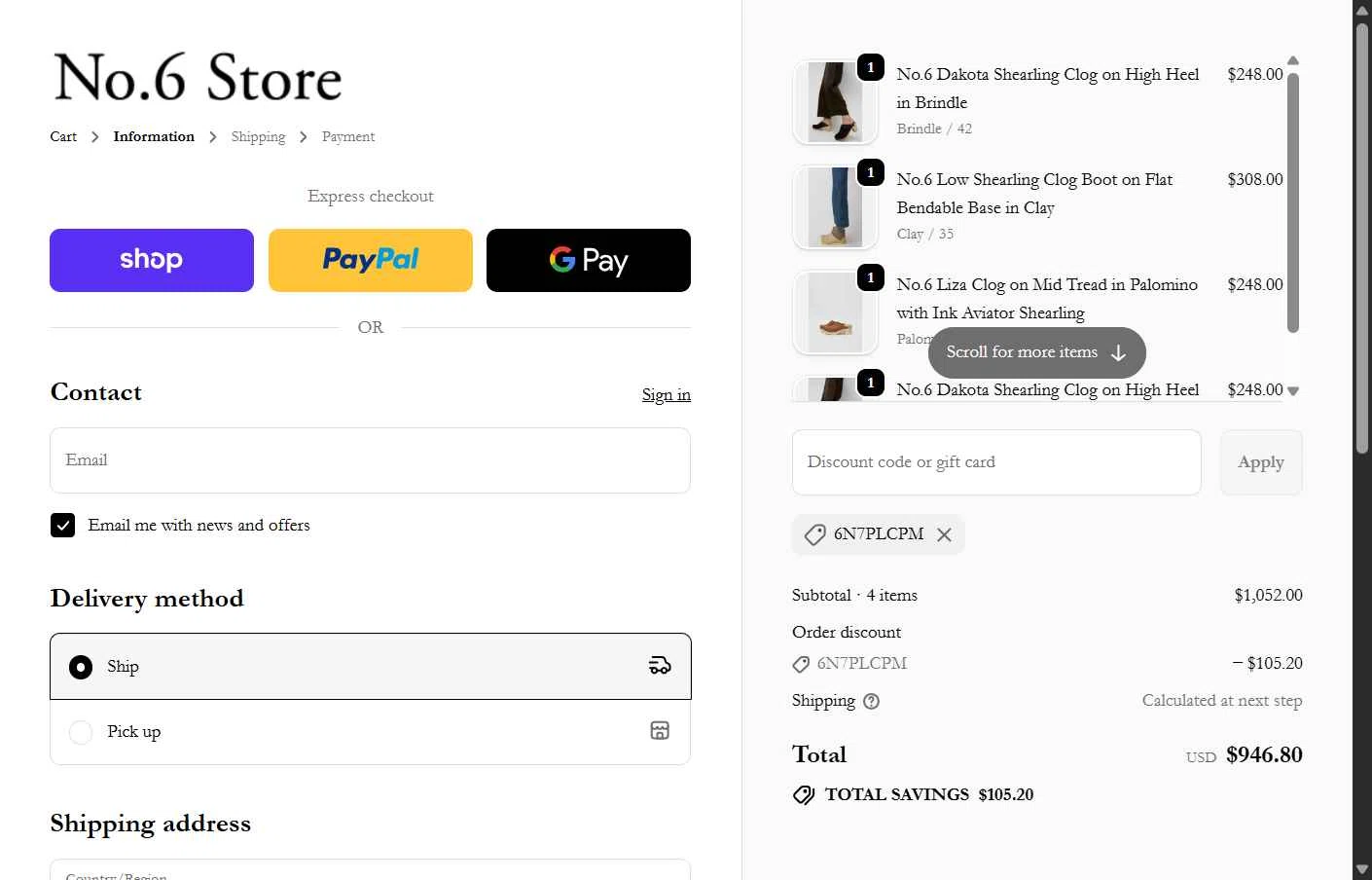 No.6 Store checkout page showing No.6 Store promo code box | Screenshot taken by SimplyCodes community member on Feb 12, 2026