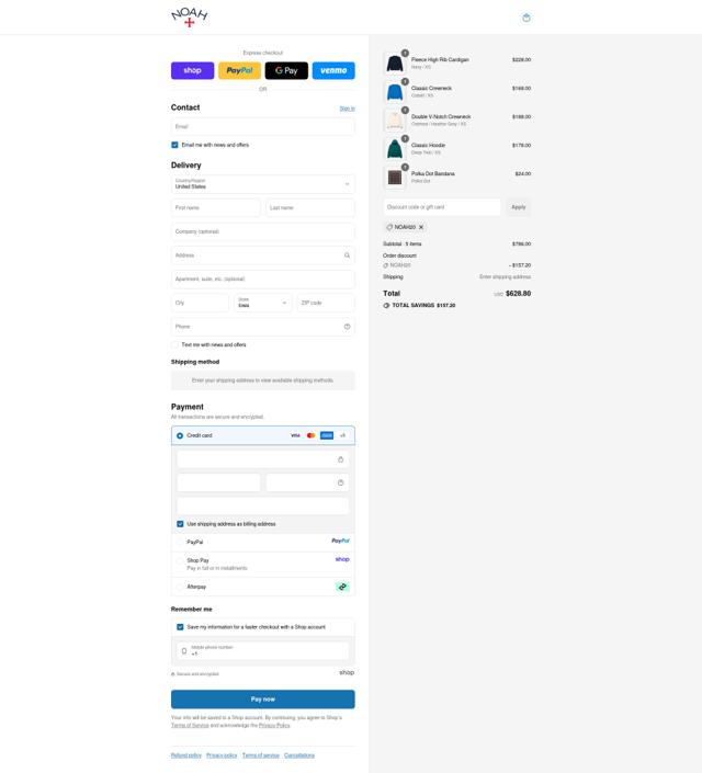 Noah NYC checkout page showing Noah NYC promo code box | Screenshot taken by SimplyCodes community member on Sep 14, 2025