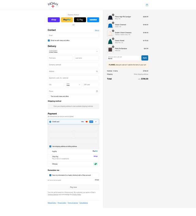 Noah NYC checkout page showing Noah NYC promo code box | Screenshot taken by SimplyCodes community member on Sep 14, 2025