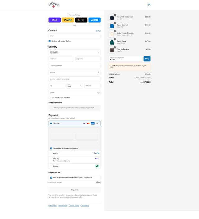 Noah NYC checkout page showing Noah NYC promo code box | Screenshot taken by SimplyCodes community member on Sep 14, 2025