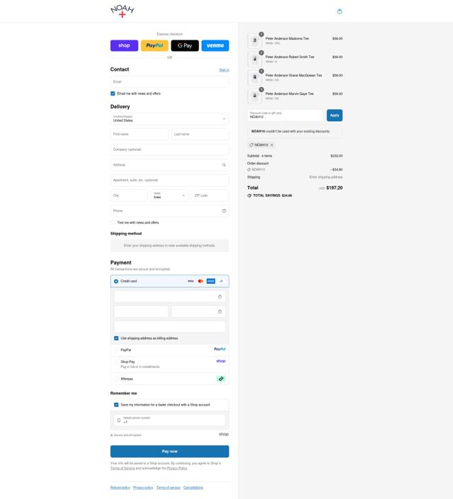 Noah NYC checkout page showing Noah NYC promo code box | Screenshot taken by SimplyCodes community member on Sep 10, 2025