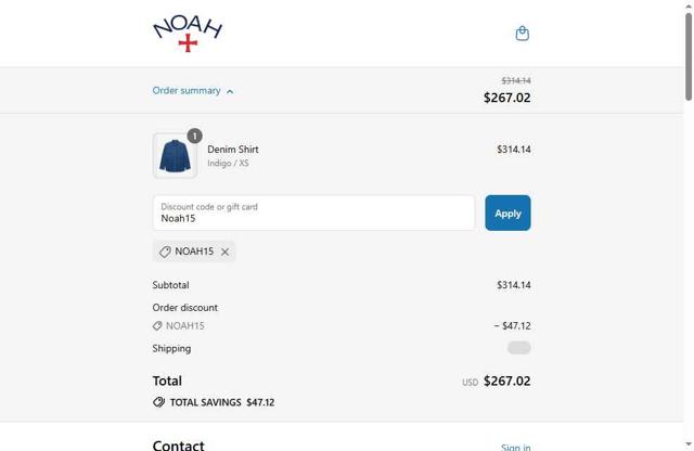 Noah NYC checkout page showing Noah NYC promo code box | Screenshot taken by SimplyCodes community member on Sep 10, 2025