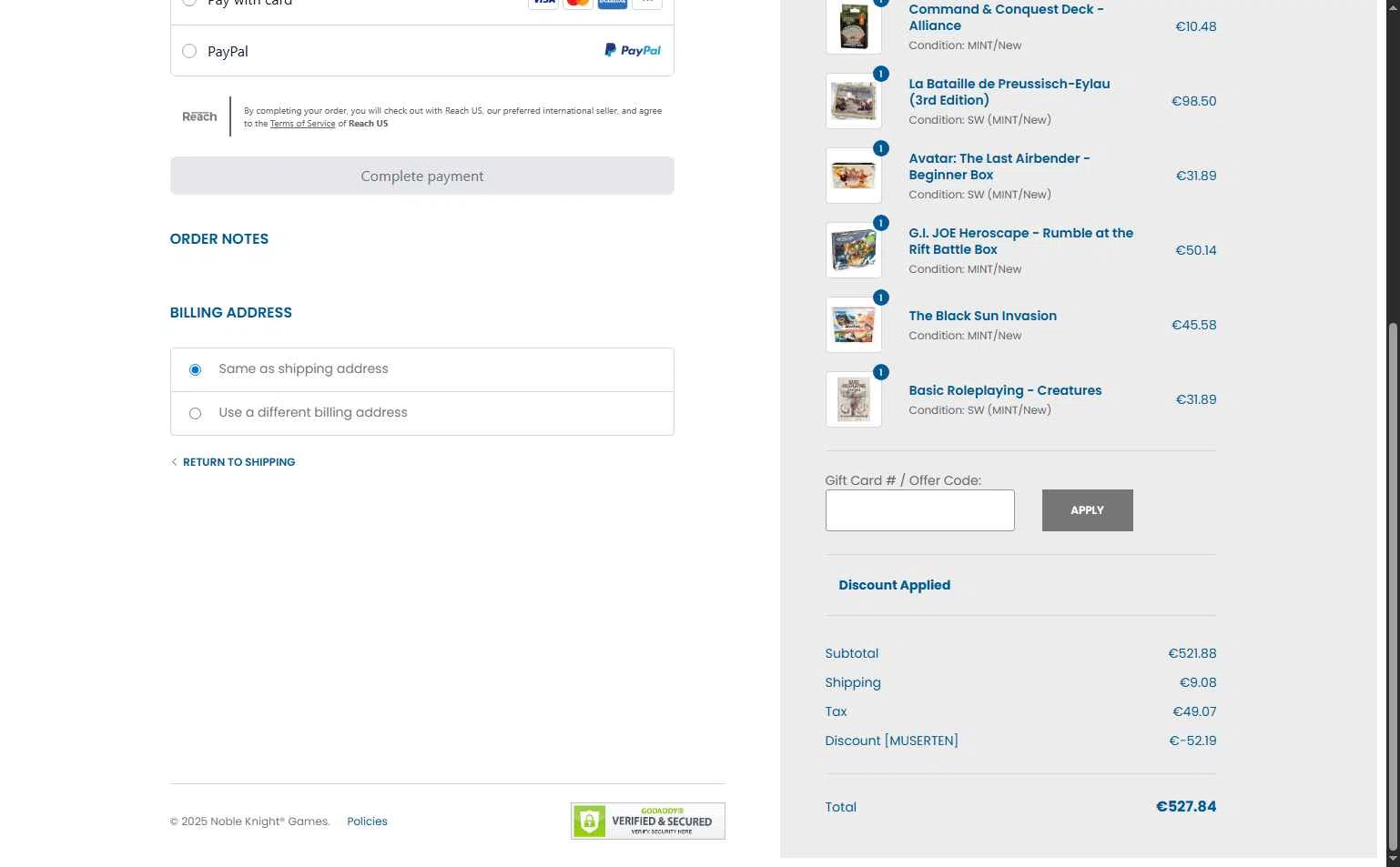 Noble Knight checkout page showing Noble Knight coupon code box | Screenshot taken by SimplyCodes community member on Nov 27, 2025