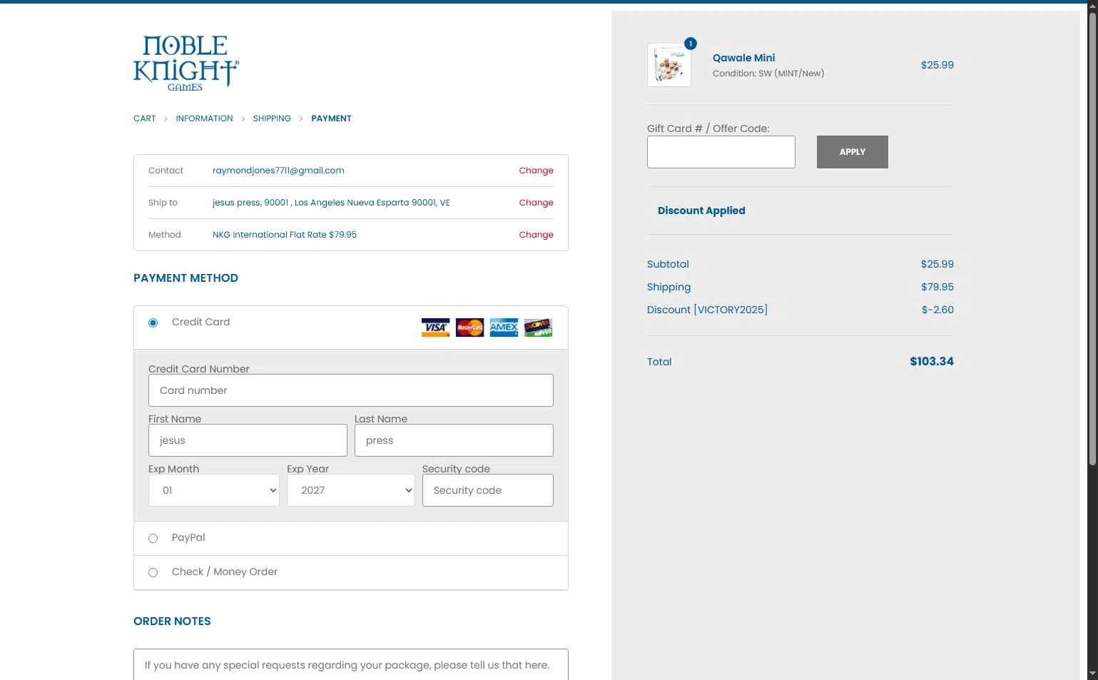 Noble Knight checkout page showing Noble Knight coupon code box | Screenshot taken by SimplyCodes community member on Dec 8, 2025