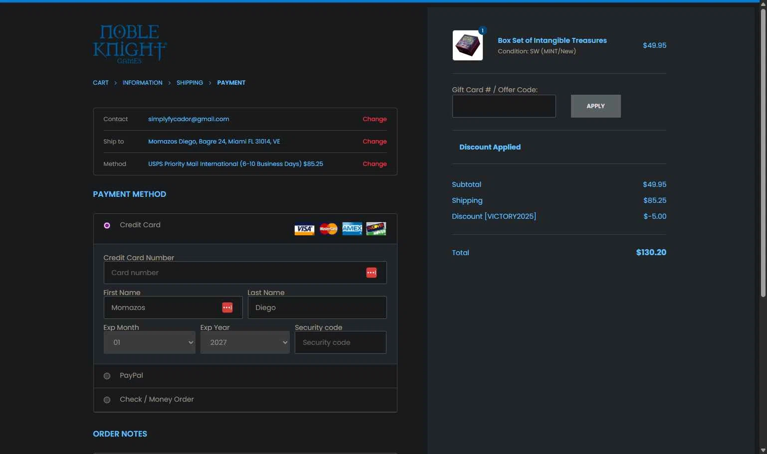 Noble Knight checkout page showing Noble Knight coupon code box | Screenshot taken by SimplyCodes community member on Nov 2, 2025
