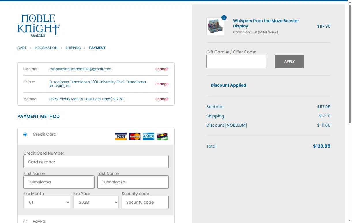 Noble Knight checkout page showing Noble Knight coupon code box | Screenshot taken by SimplyCodes community member on Feb 4, 2026