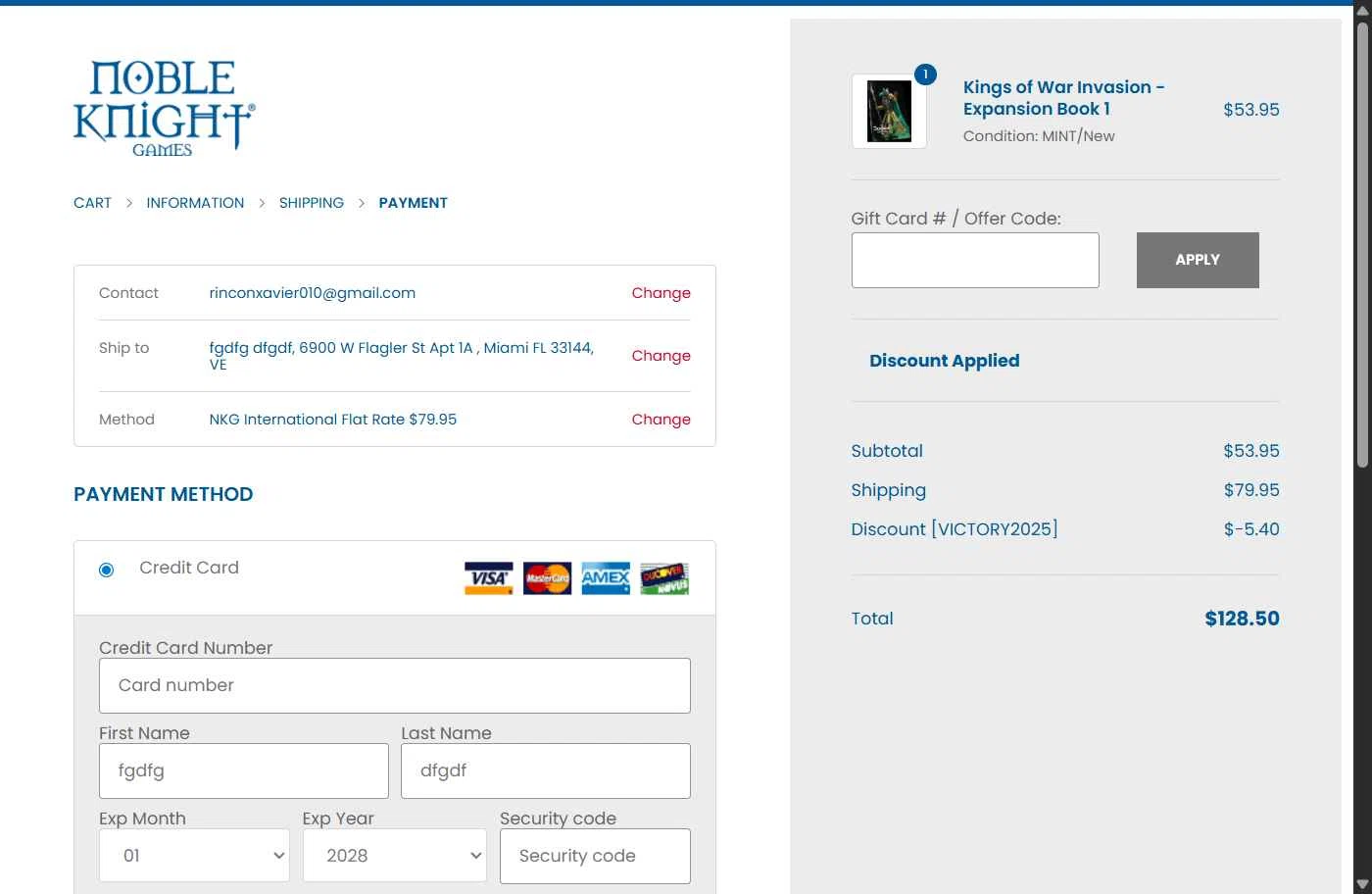 Noble Knight checkout page showing Noble Knight coupon code box | Screenshot taken by SimplyCodes community member on Jan 30, 2026