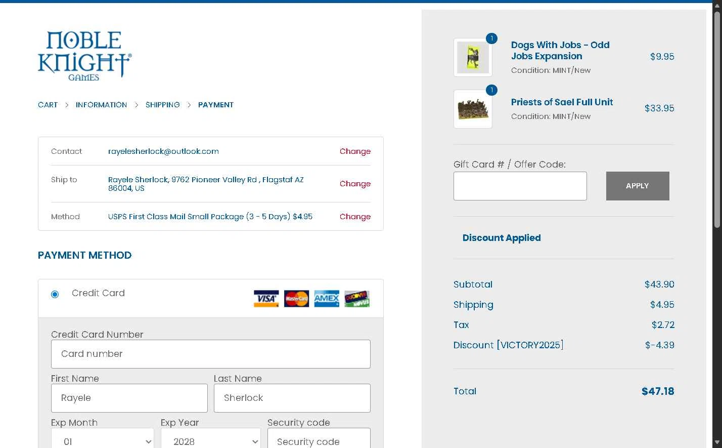 Noble Knight checkout page showing Noble Knight coupon code box | Screenshot taken by SimplyCodes community member on Jan 6, 2026