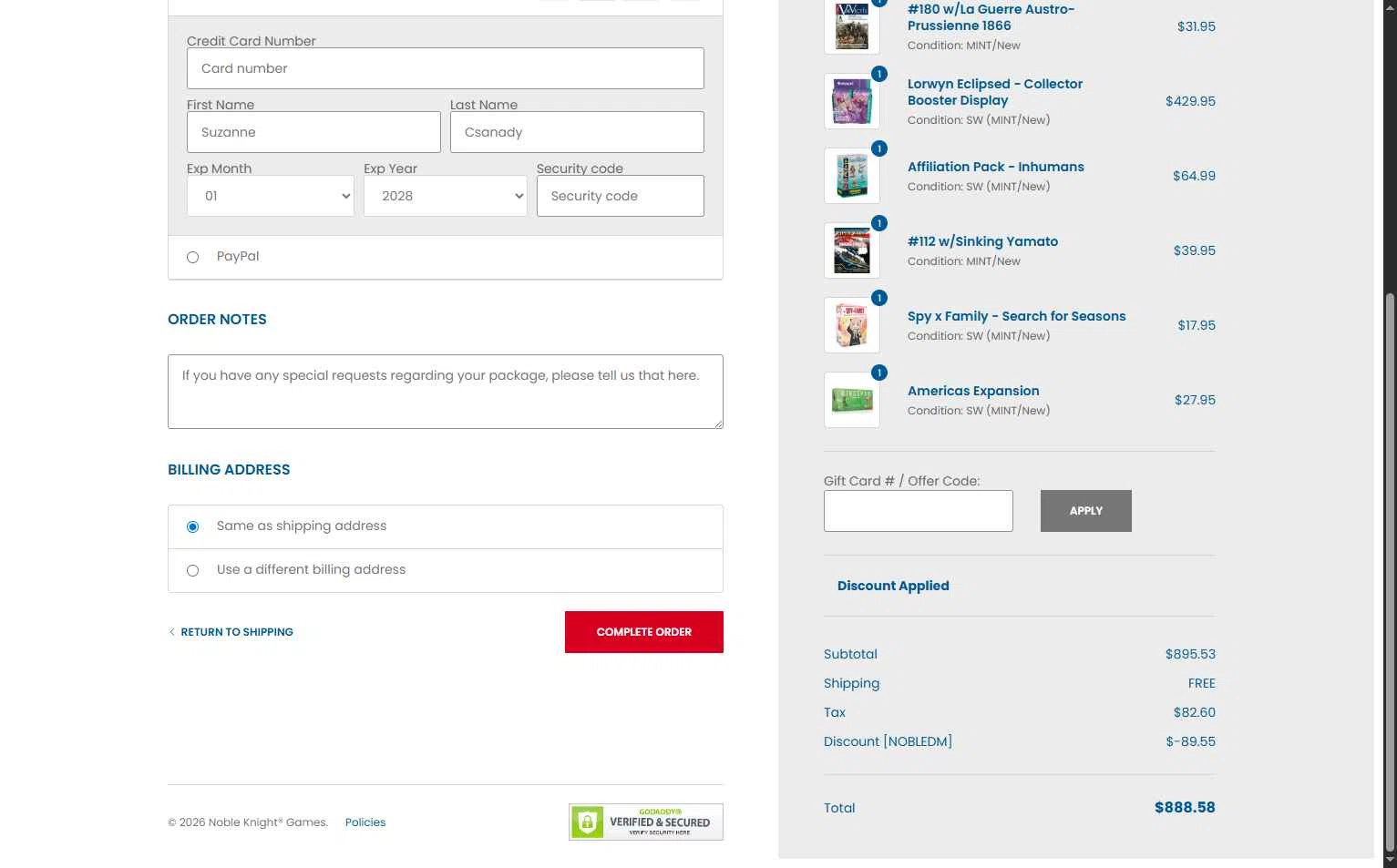 Noble Knight checkout page showing Noble Knight coupon code box | Screenshot taken by SimplyCodes community member on Feb 4, 2026