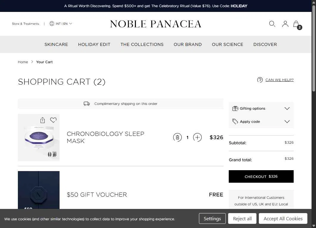 Noble Panacea checkout page showing Noble Panacea promo code box | Screenshot taken by SimplyCodes community member on Dec 18, 2025