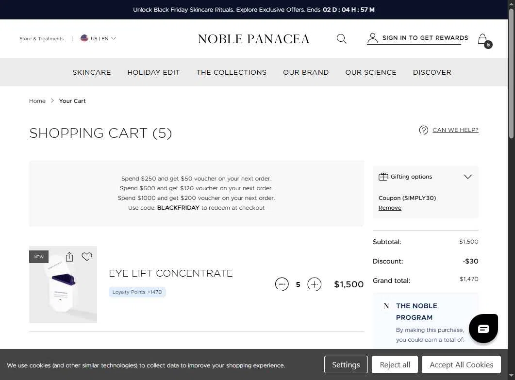 Noble Panacea checkout page showing Noble Panacea promo code box | Screenshot taken by SimplyCodes community member on Dec 3, 2025