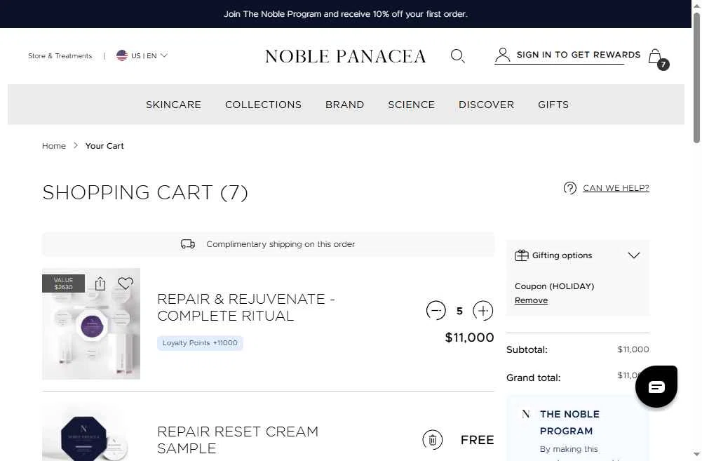 Noble Panacea checkout page showing Noble Panacea promo code box | Screenshot taken by SimplyCodes community member on Feb 17, 2026
