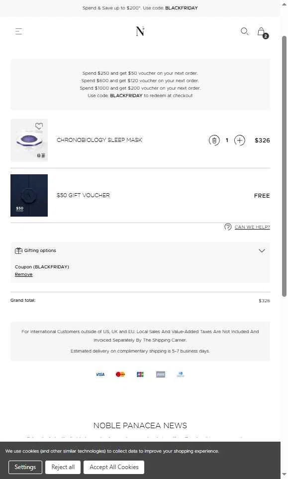 Noble Panacea checkout page showing Noble Panacea promo code box | Screenshot taken by SimplyCodes community member on Nov 21, 2025