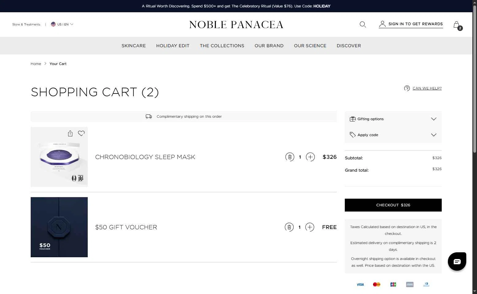 Noble Panacea checkout page showing Noble Panacea promo code box | Screenshot taken by SimplyCodes community member on Dec 10, 2025