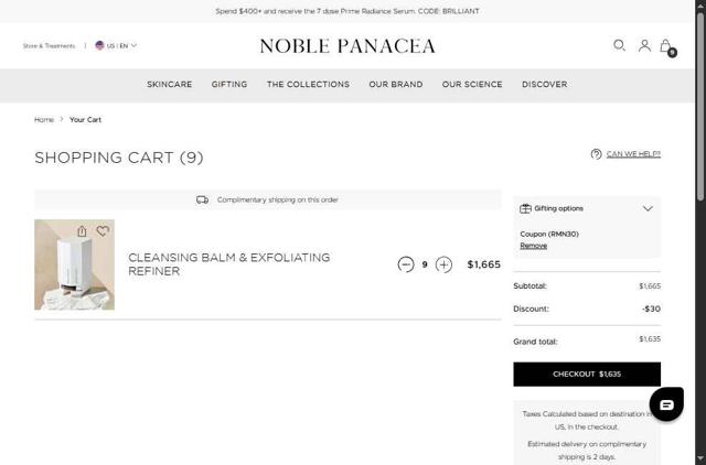 Noble Panacea checkout page showing Noble Panacea promo code box | Screenshot taken by SimplyCodes community member on Aug 15, 2025