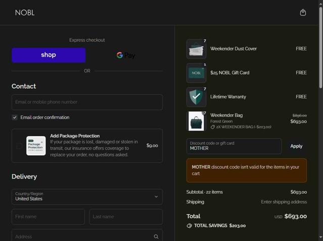 Nobl Travel checkout page showing Nobl Travel discount code box | Screenshot taken by SimplyCodes community member on Sep 15, 2025