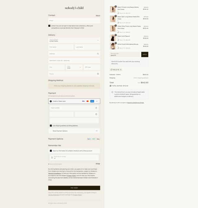 Nobody's Child checkout page showing Nobody's Child discount code box | Screenshot taken by SimplyCodes community member on Sep 10, 2025