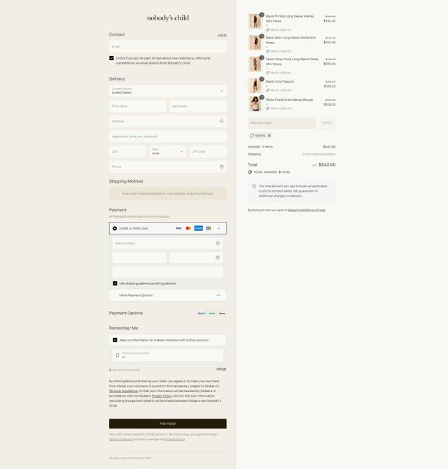 Nobody's Child checkout page showing Nobody's Child discount code box | Screenshot taken by SimplyCodes community member on Sep 6, 2025