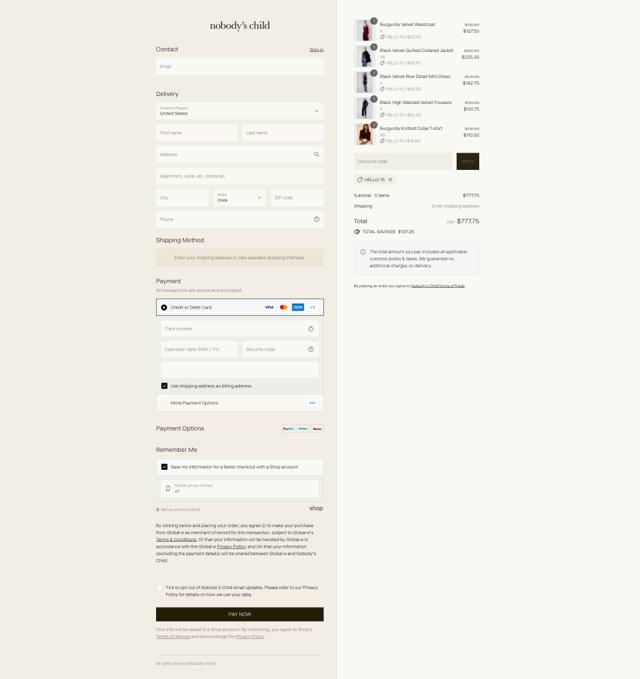 Nobody's Child checkout page showing Nobody's Child discount code box | Screenshot taken by SimplyCodes community member on Sep 14, 2025