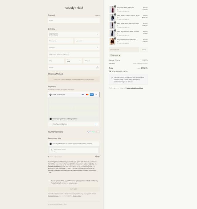 Nobody's Child checkout page showing Nobody's Child discount code box | Screenshot taken by SimplyCodes community member on Sep 14, 2025