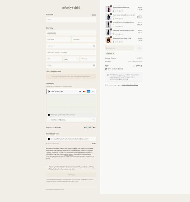 Nobody's Child checkout page showing Nobody's Child discount code box | Screenshot taken by SimplyCodes community member on Sep 14, 2025