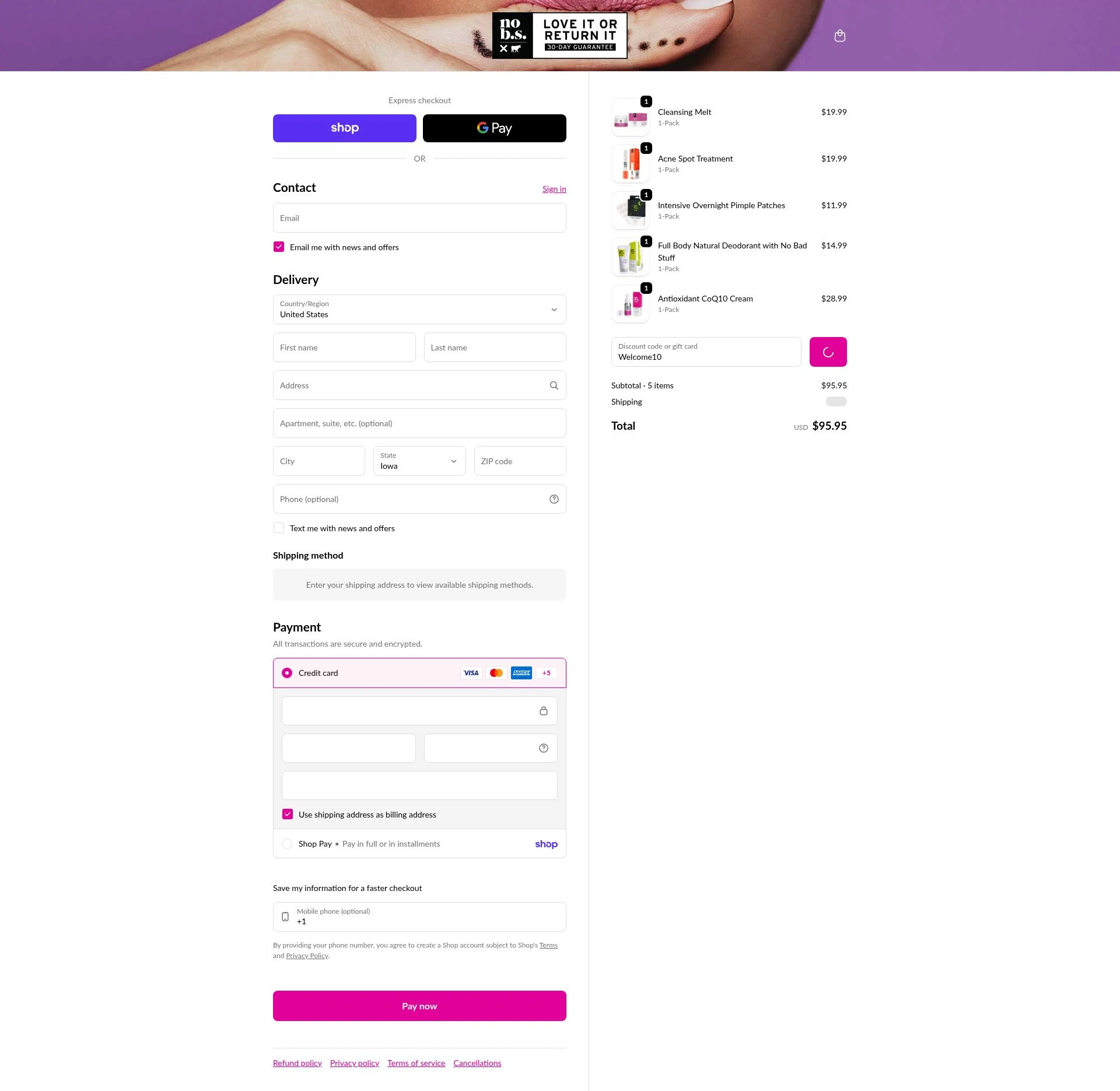 No B.S. checkout page showing No B.S. promo code box | Screenshot taken by SimplyCodes community member on Feb 17, 2026