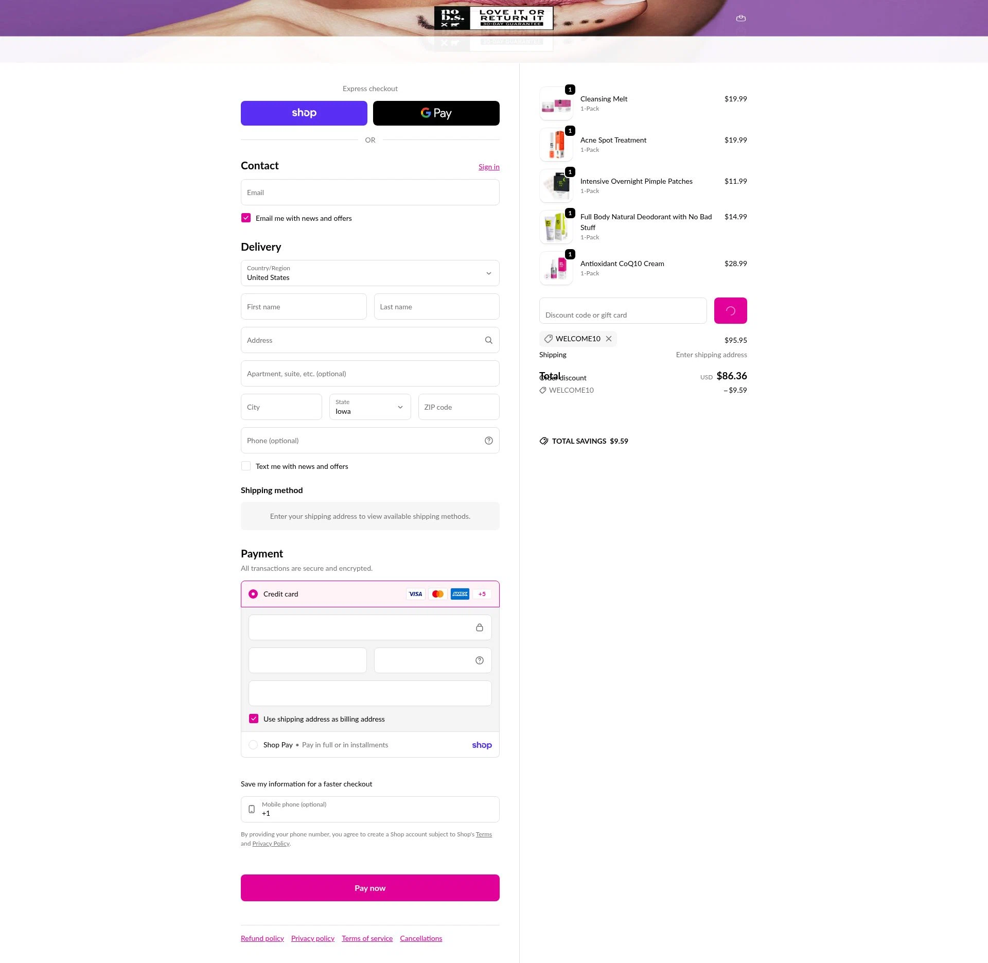 No B.S. checkout page showing No B.S. promo code box | Screenshot taken by SimplyCodes community member on Feb 13, 2026