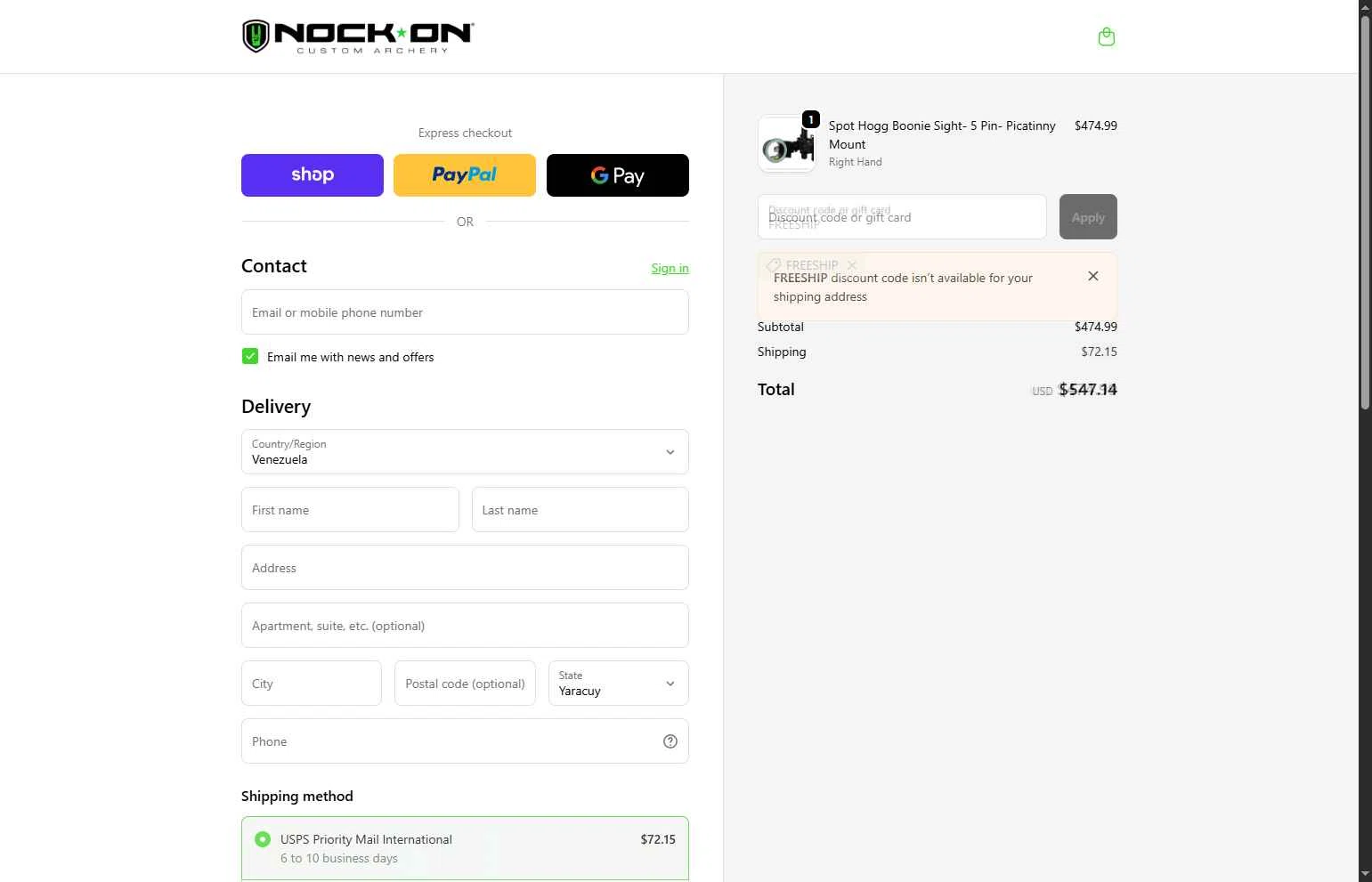 Nock On Archery checkout page showing Nock On Archery discount code box | Screenshot taken by SimplyCodes community member on Jan 6, 2026