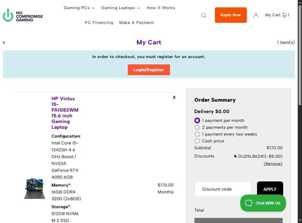 No Compromise Gaming checkout page showing No Compromise Gaming discount code box | Screenshot taken by SimplyCodes community member on Dec 24, 2025