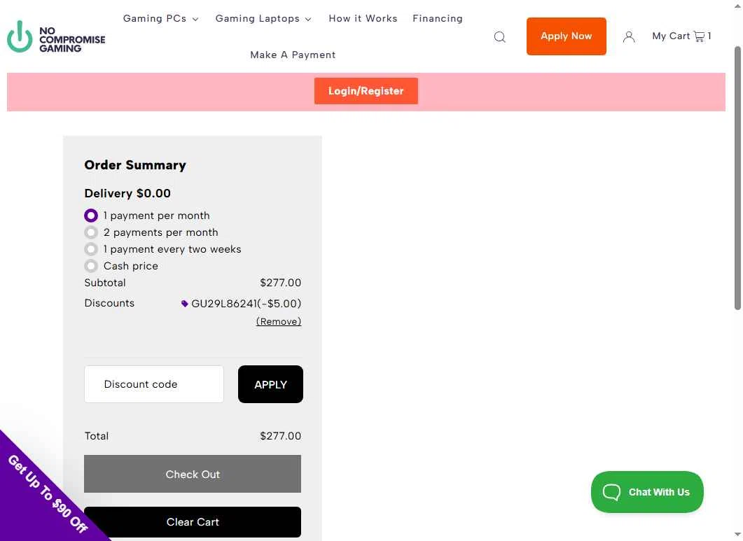 No Compromise Gaming checkout page showing No Compromise Gaming discount code box | Screenshot taken by SimplyCodes community member on Sep 28, 2025