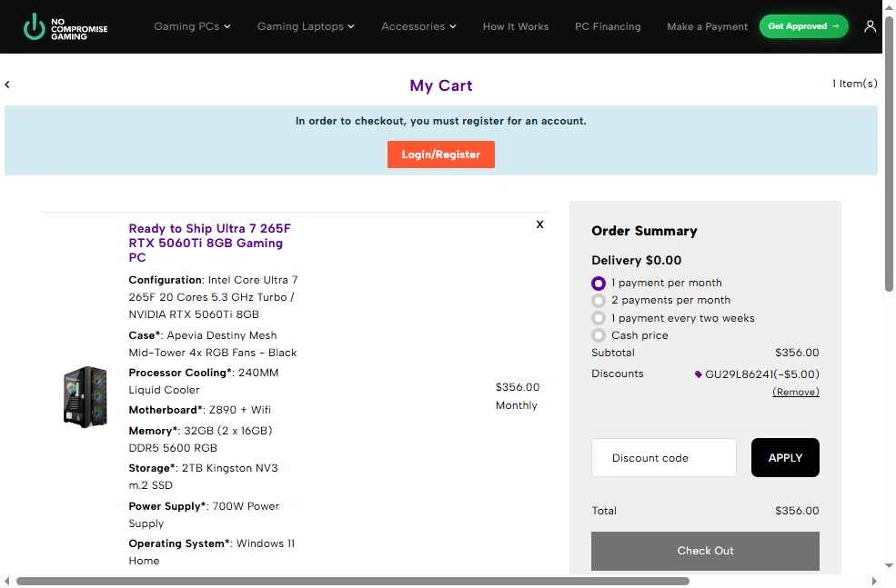 No Compromise Gaming checkout page showing No Compromise Gaming discount code box | Screenshot taken by SimplyCodes community member on Feb 1, 2026