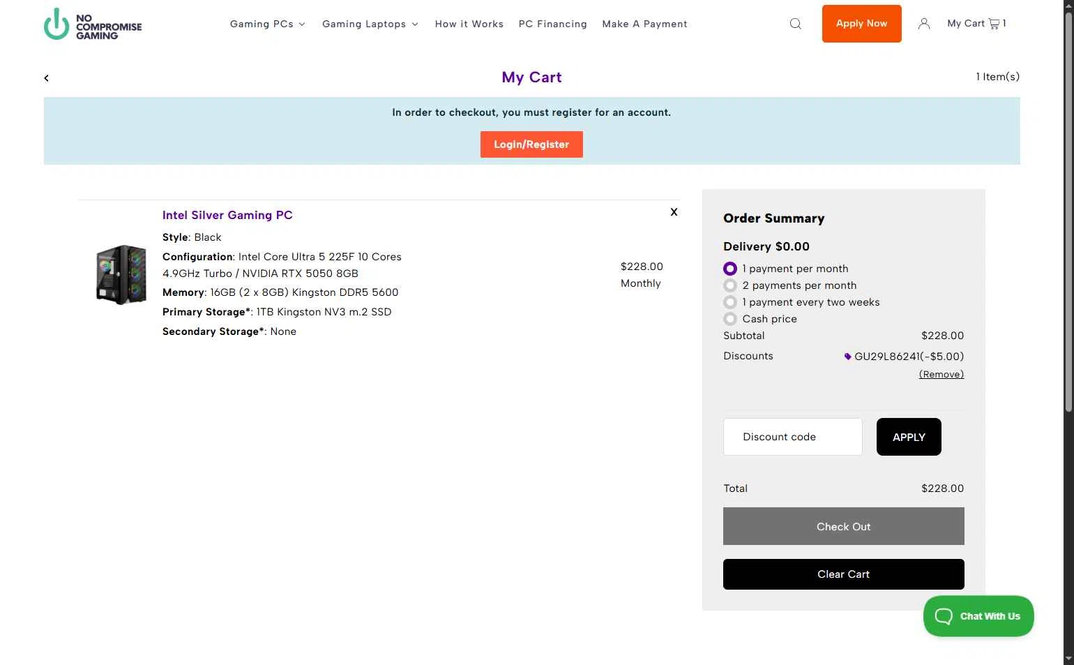 No Compromise Gaming checkout page showing No Compromise Gaming discount code box | Screenshot taken by SimplyCodes community member on Jan 3, 2026
