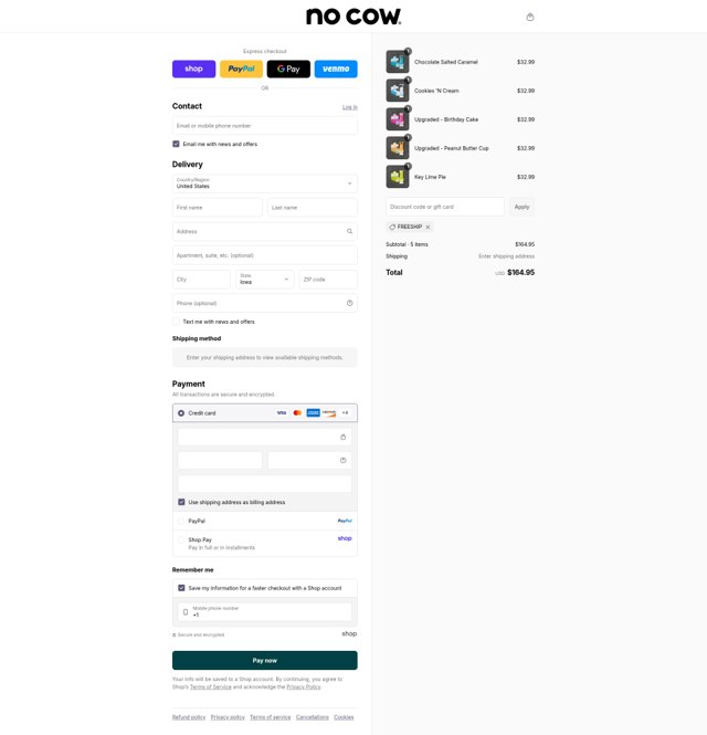 No Cow checkout page showing No Cow discount code box | Screenshot taken by SimplyCodes community member on Sep 5, 2025