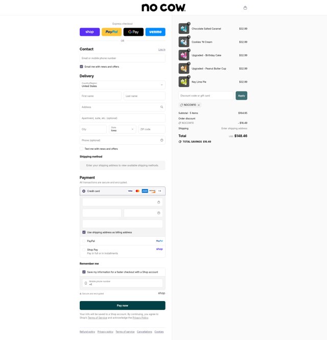 No Cow checkout page showing No Cow discount code box | Screenshot taken by SimplyCodes community member on Sep 5, 2025