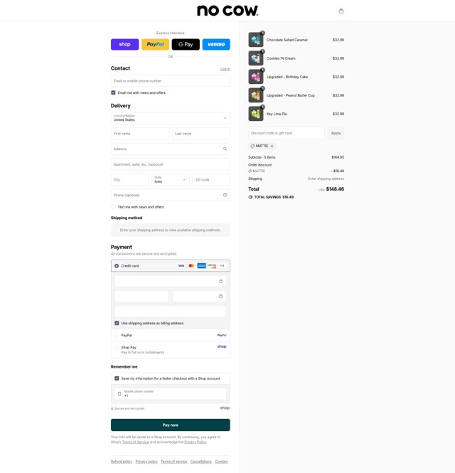 No Cow checkout page showing No Cow discount code box | Screenshot taken by SimplyCodes community member on Sep 1, 2025